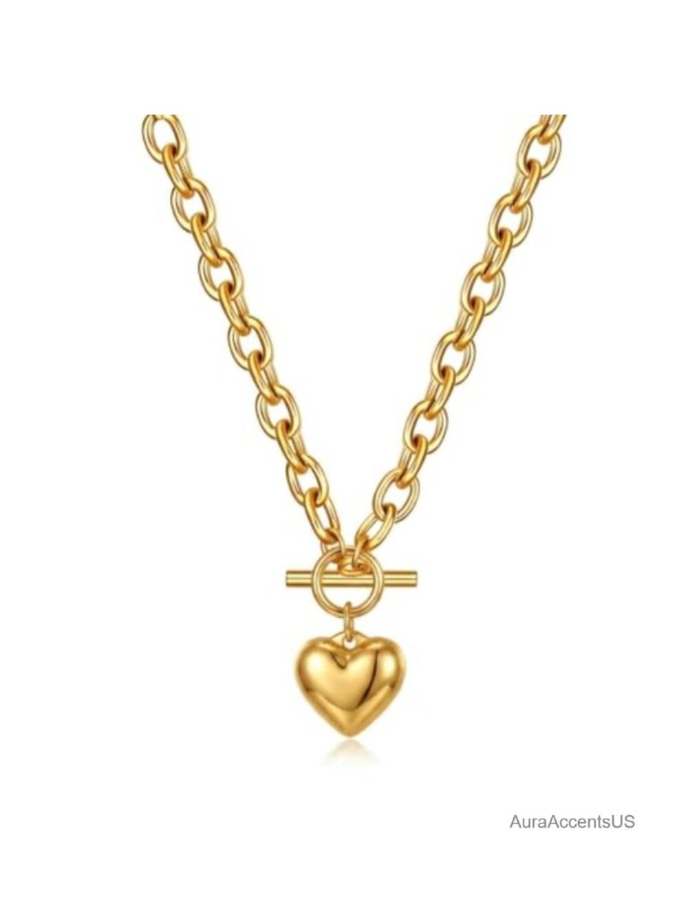 18K Gold Plated Stainless Steel Puffy Heart Necklace Toggle Clasp